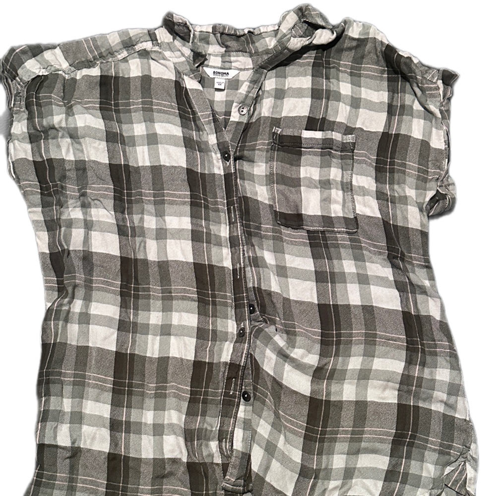 Green and White Plaid Button-Up with Pocket